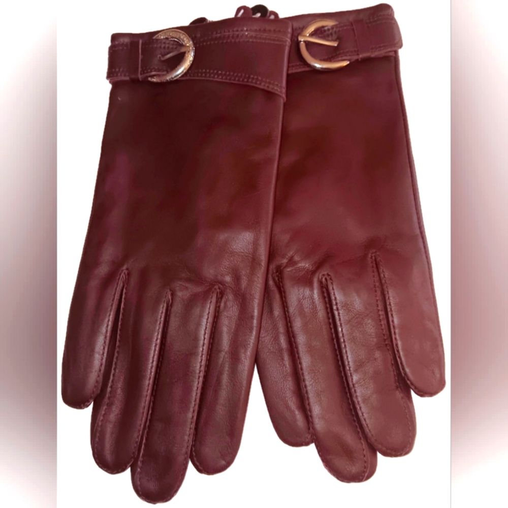WOMEN'S LEATHER BUCKLE GLOVES, Burgundy,